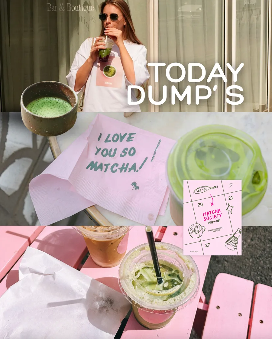 Matcha Society pop-up invitation set against a pastel café photo collage