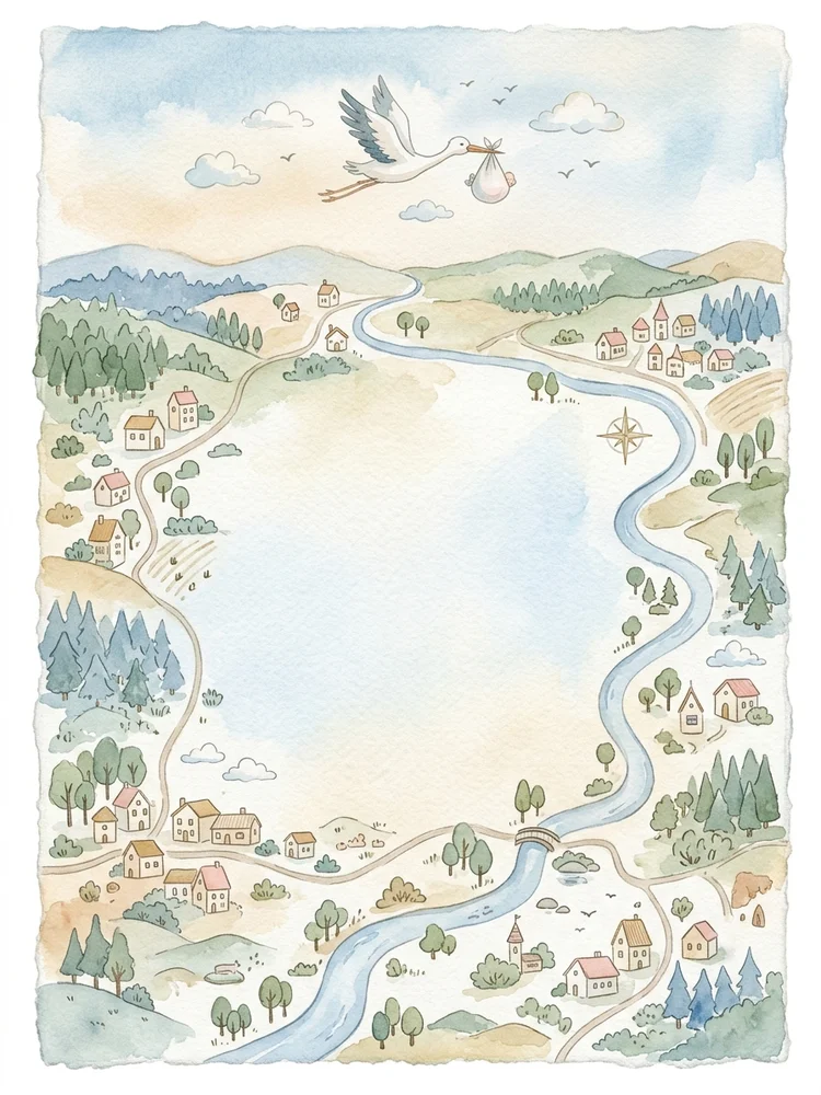 Watercolor Stork Map — a free baby shower invitation template on InviteDrop