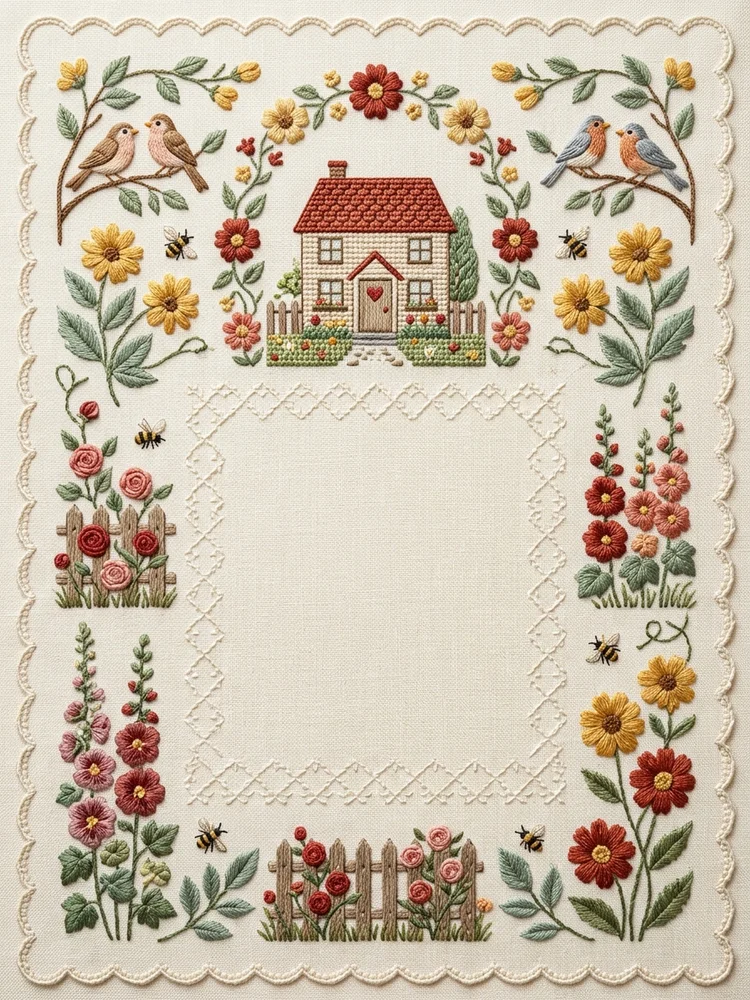 Embroidered Home Sweet Home — a free housewarming invitation template on InviteDrop