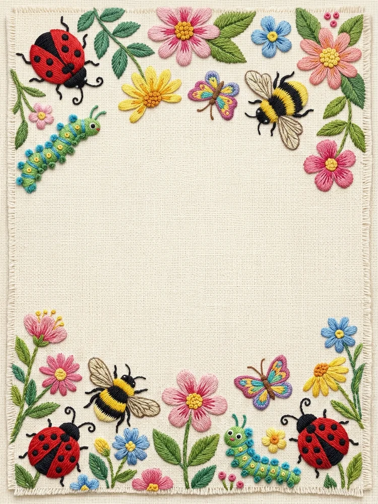 Embroidered Garden Bugs — a free birthday invitation template on InviteDrop